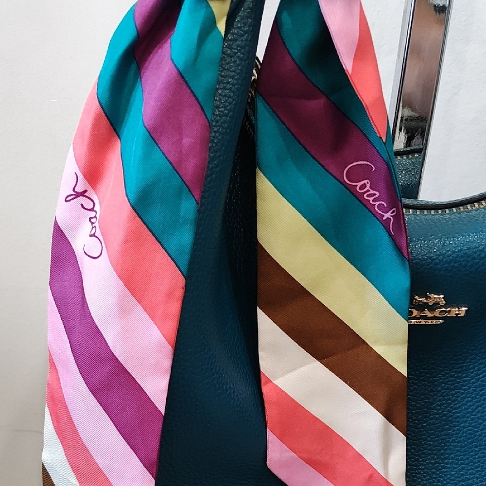 Coach Teal Leather Hobo Bag with Multicolor Scarf - Picture 4 of 6